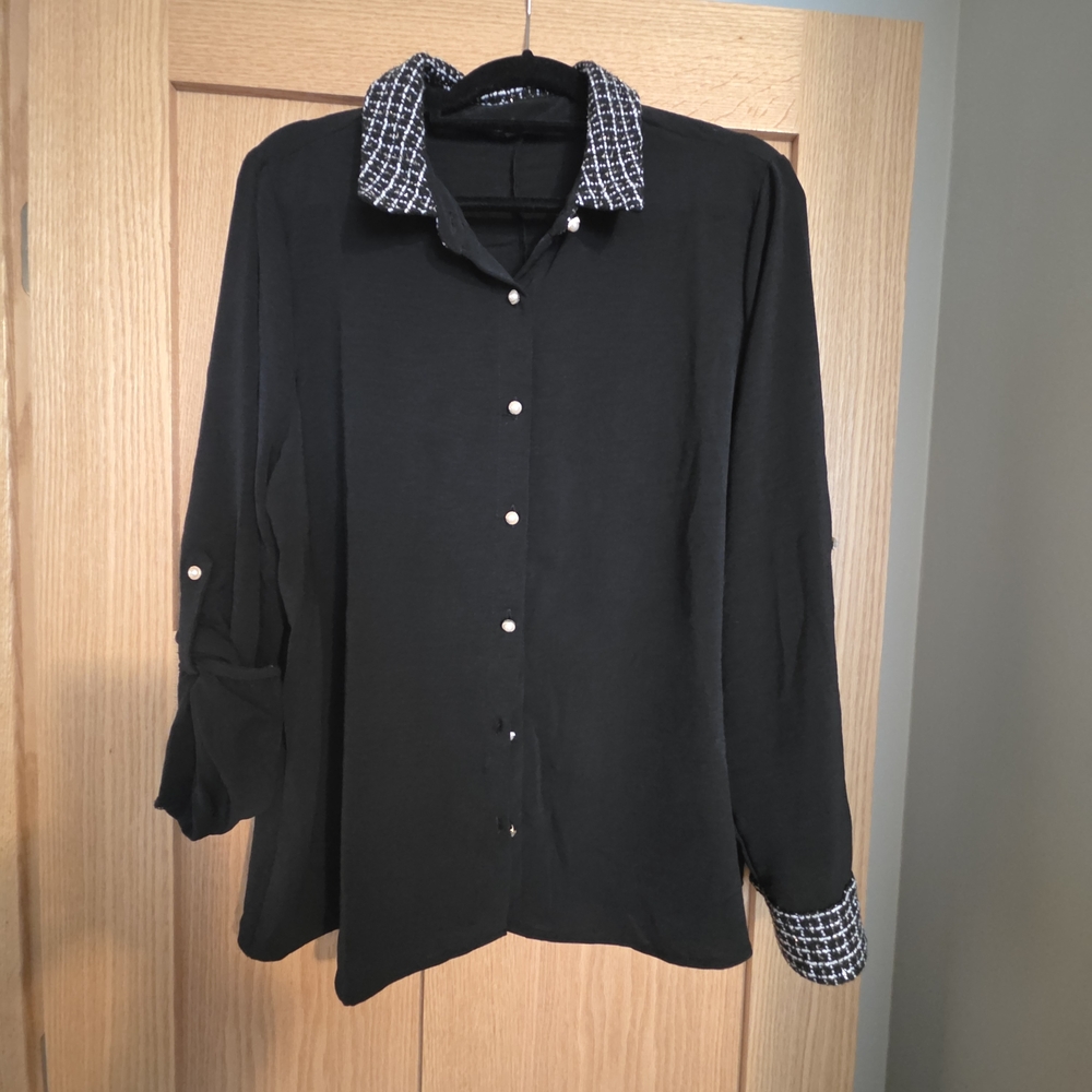 Classic Black Button-Down Shirt with Contrast Patterned Collar & Cuffs